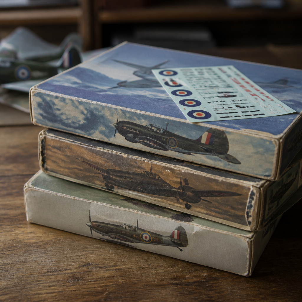 Three old model kit boxes stacked on a table with a decal sheet visible on top