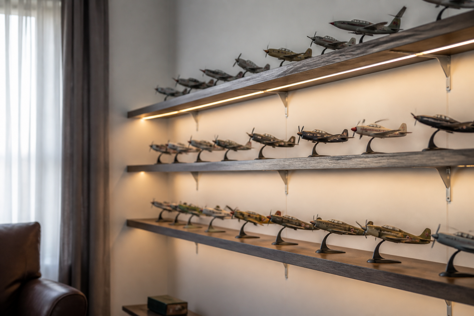 Wall-mounted shelves holding aircraft models of one scale, lit by a warm strip light above