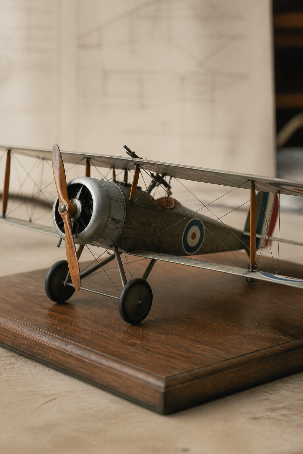 A First World War biplane model with taut rigging wires between the wings, standing on a plain wooden base
