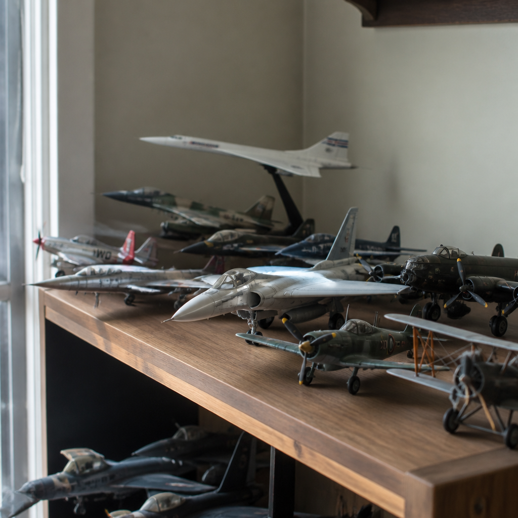 A crowded display shelf holding a dozen aircraft models of different eras at one scale