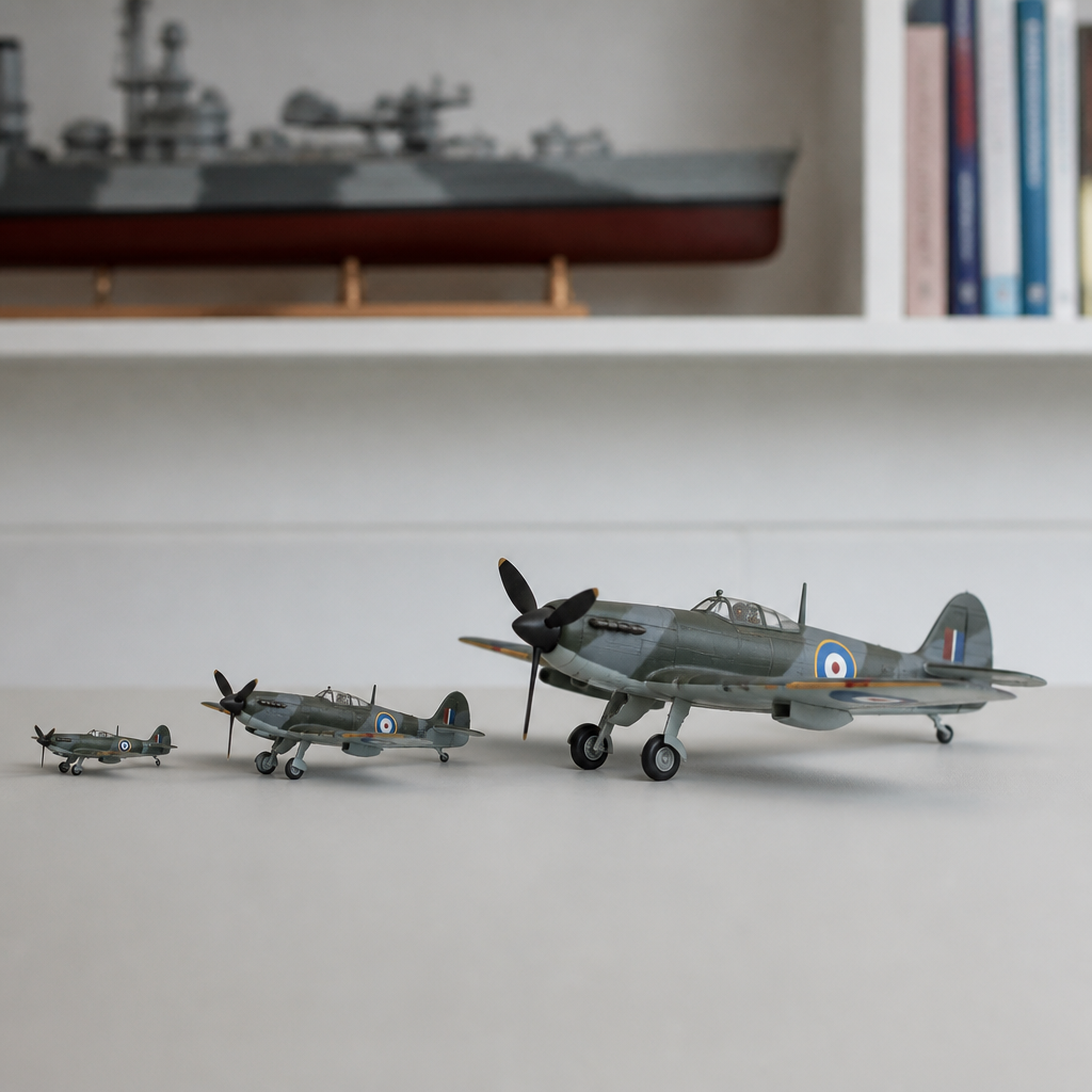 The same single-seat fighter modelled at three scales, lined up smallest to largest on a plain surface