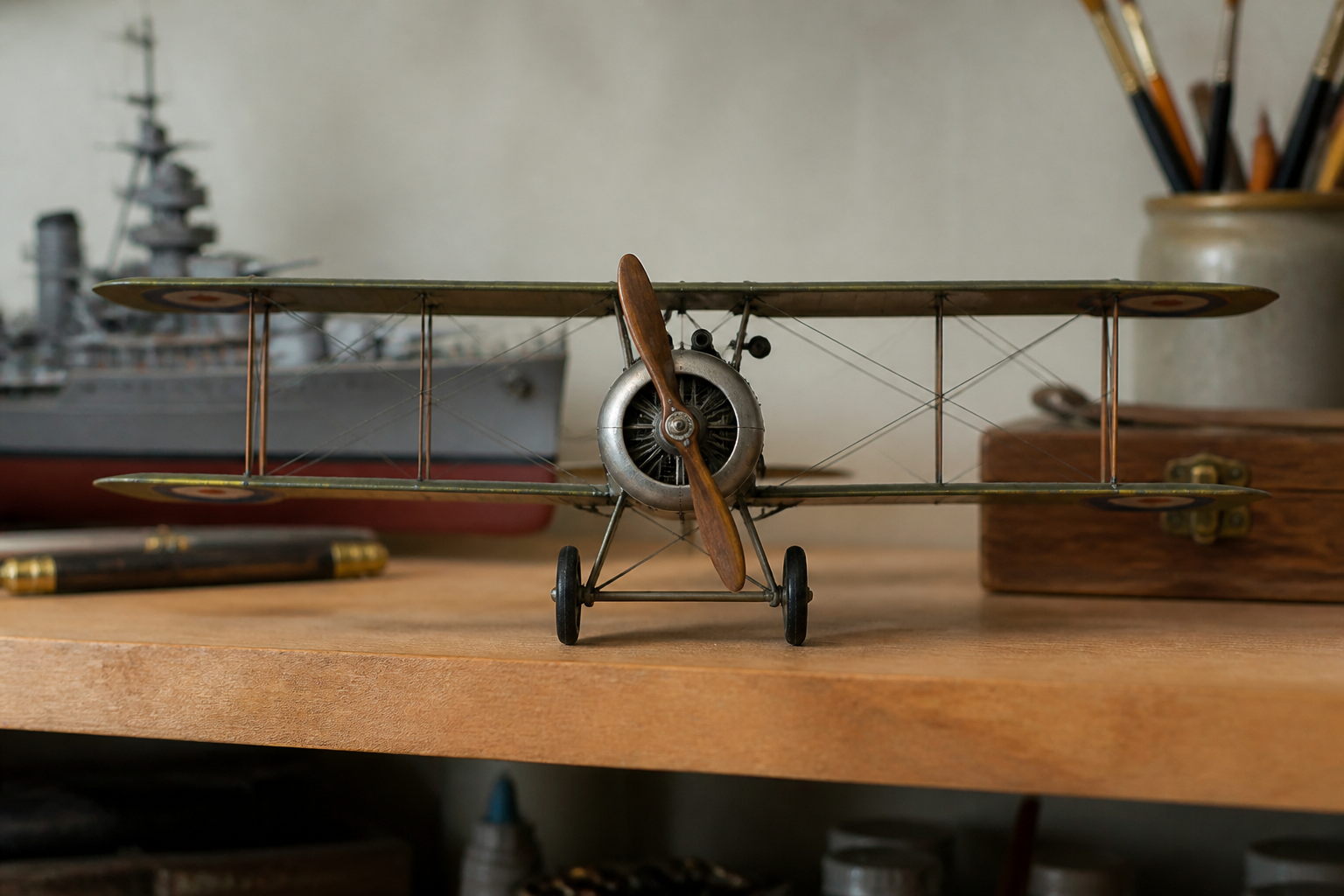 A First World War biplane model seen from the front, rigging wires taut between the wings