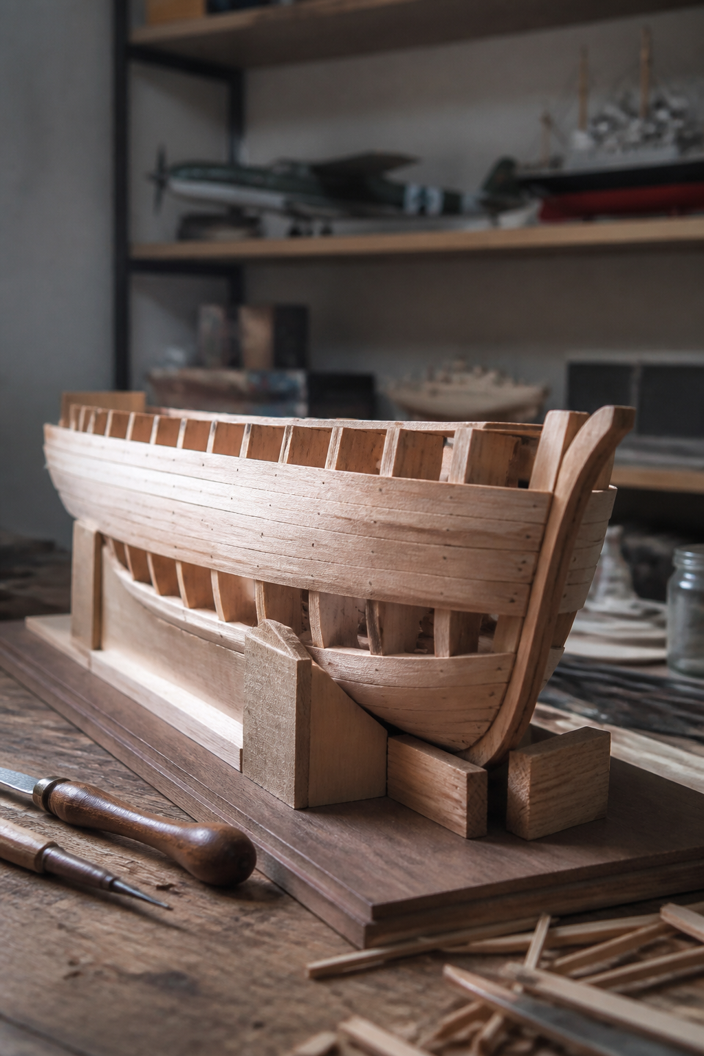 The bare hull of a wooden ship model on a building board, bulkheads visible under a part-finished first layer of planking